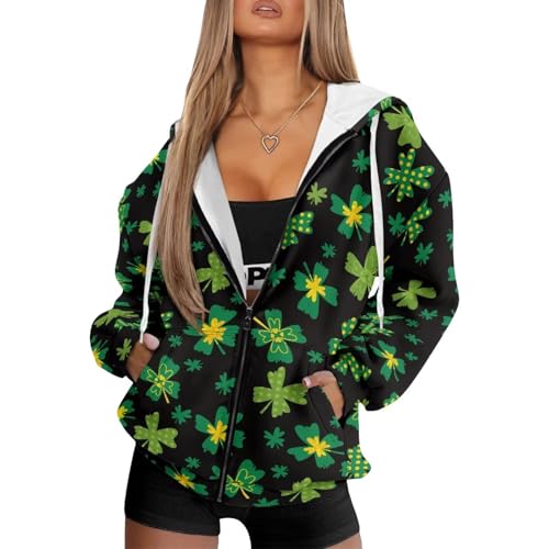 Kathyboom Womens Zip Up Hoodies St Pattys Day Lucky Leaf