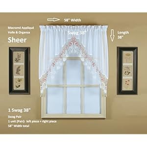Today's Curtain, Vintage Macramé Organza Swag 38", White/Rose, 58" W x 38" L Todays Curtain Vintage Macrame Organza Swag 38 WhiteRose 58 W x 38 L