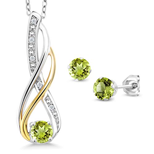 Gem Stone King 925 Sterling Silver And 10K Yellow Gold Green Peridot And Diamond Pendant Earrings Set For Women (0.94 Cttw With 18 Inch Silver Chain) #TOP17