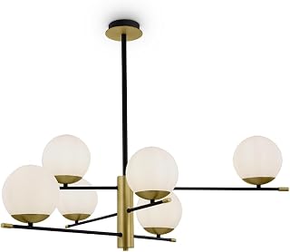 Maytoni Nostalgia Moderner Pendelleuchte 6-flammig E14 40W exkl. - Glaskugel Design in Mattglas Weiß, Schwarz & Gold - für Wohn-, Esszimmer & Schlafzimmer