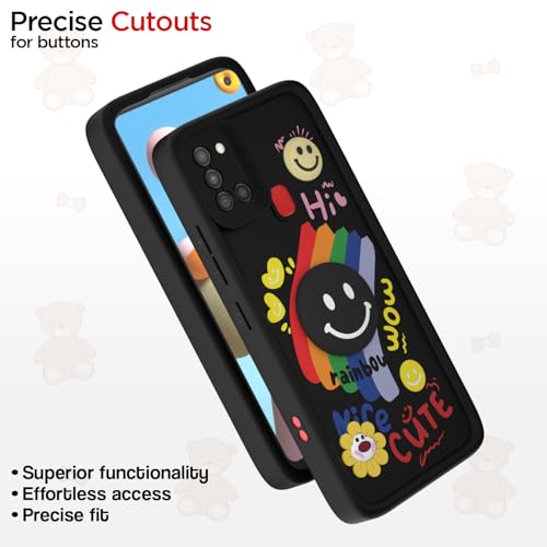 Image of Pikkme Back Cover for Samsung Galaxy A21s | Soft Silicone| Cute Rainbow Smile & 3D Cartoon Flower Design | Shockproof Raised Camera Protection Bumper Case (Black)