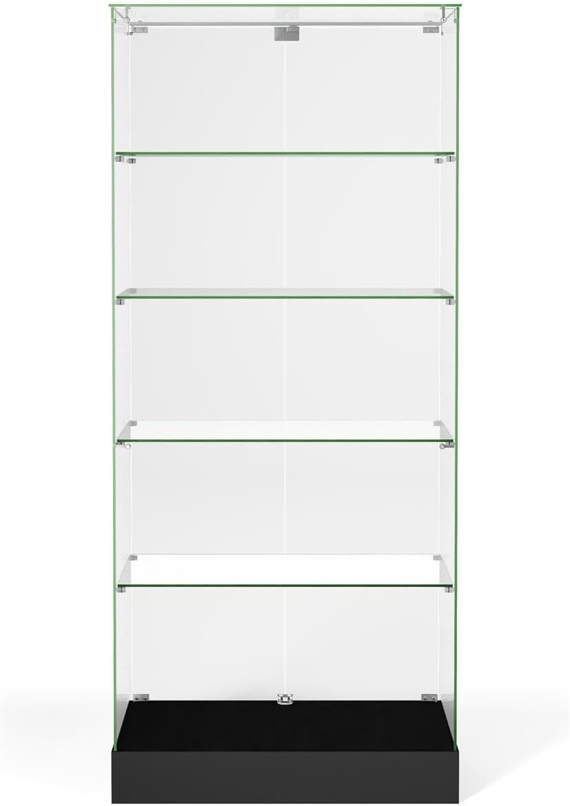 Displays2go Tempered Glass Frameless Design Display Case with 4 Shelves and Black Laminate Base, 31 x 71 x 15-3/4-Inch (IFDC8040BK)