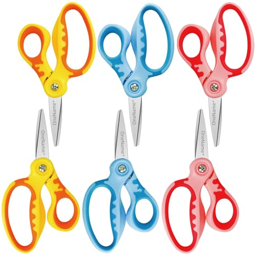 OneName Left Handed Scissors Kids,Lefty Kids Scissors,Pointed Tip Blade Soft Comfort-Grip Handles Left Handed Safety Child Scissor for School Student,Classroom,DIY,Arts,Home,Craft 6 Pack