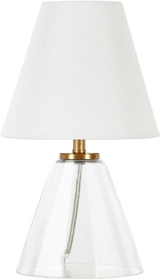 Henn&Hart 13.62" Tall Mini Lamp with Fabric Shade in Clear Glass/White, for Home, Living Room, Bedroom, Entertainment Room, Office, Kitchen, Dining