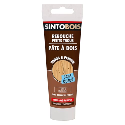 SINTOBOIS - Rebouche Petits Trous - Pâtes à Bois Sans Odeur - Prêt à l'Emploi - Sans Solvant - Sec en 4h - Intérieur et Extérieur - Ne se Rétracte pas - Merisier - Technique Professionnelle - 80 g