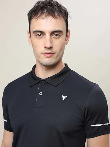 Image of TECHNOSPORT Men's Solid Slim Fit Polo Collar T-Shirt TECHNOCOOL+ Half Sleeve Button Polyester for Gym Running Workout UPF50+ Anti Odour