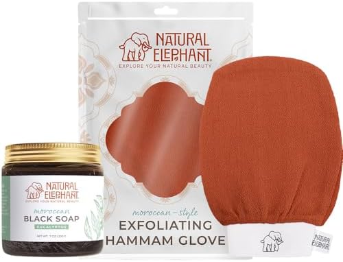 Natural Elephant Moroccan Black Soap 200g (7oz) and Exfoliating Hammam Glove Combo (Burnt Orange)