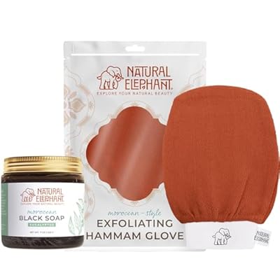 Natural Elephant Moroccan Black Soap 200g (7oz) and Exfoliating Hammam Glove Combo (Burnt Orange)