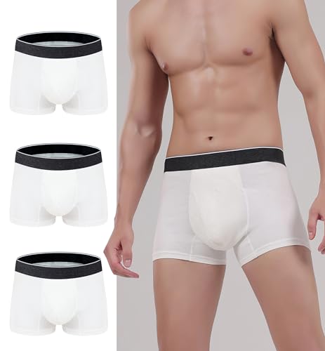 AIRCUTE Men Absorbent Urine Incontinence Underwear, Fly Front Opening Leak Proof Boxer Brief for leaks Dribbles, 3 Pack (Large, White-White-White)