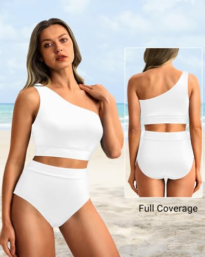 Image of Holipick Women One Shoulder High Waisted Bikini Sets Two Piece Swimsuit Tummy Control Bathing Suit Full Coverage Swimwear