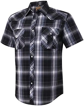 COEVALS CLUB Men's Western Plaid Pearl Snap Buttons Two Pockets Casual Short Sleeve Shirts (Gray,Black/L, 9#)
