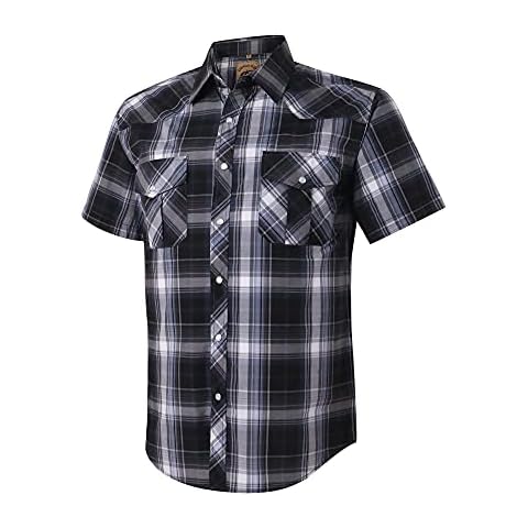 COEVALS CLUB Men's Western Plaid Pearl Snap Buttons Two Pockets Casual Short Sleeve Shirts (Gray,Black/L, 9#) Cover