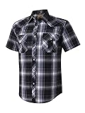 COEVALS CLUB Men's Western Plaid Pearl Snap Buttons Two Pockets Casual Short Sleeve Shirts (Gray,Black/L, 9#)