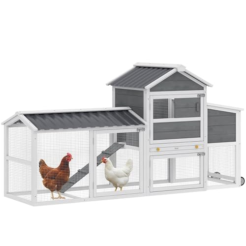 PawHut Chicken Coop with Wheels, 80" L Mobile Hen House with Run, Outdoor Wooden Chicken House with Nesting Box, Removable Tray, Ramp, Poultry Cage for 2-3 Hens, Gray