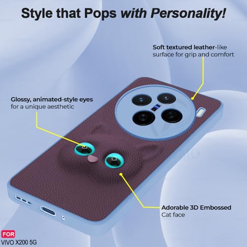 Image of AESTMO Back Case Cover for Vivo X200 5G Back Cover | 3D Cat Cover | Leather Finish | Full Body Protection | Camera Protection Back Cover for Vivo X200 5G (Purple)