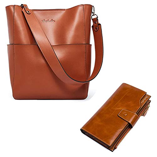 BOSTANTEN Women's Leather Designer Handbags Tote Purses Shoulder Bucket Bags and Womens Wallet Genuine Leather Wallets Large Capacity Cash Cluth Purses with Zipper Pocket Brown Bundle