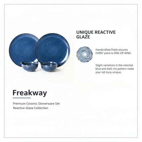 Image of Freakway Reactive Glaze Dinner Set, 4 Piece Stoneware Set, Midnight Blue, 2 Dinner Plates and 2 Serving Bowls