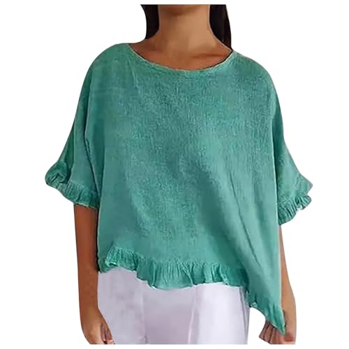 Vhersily Damenbluse aus Baumwoll-Leinen, Sommer-T-Shirt für Damen mit 3/4-Ärmeln, Rundhalsausschnitt, Blumenmuster, lockeres Oberteil, lässige Tunika aus Leinen, grün, X-Large