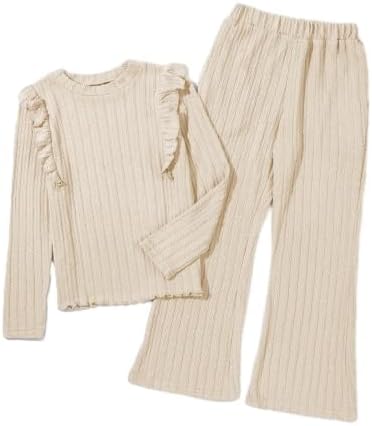 Girls Fall Outfits 2 Piece Ruffle Trim Long Sleeve Tops and Bell Bottom Flare Pants Set 6-15Years