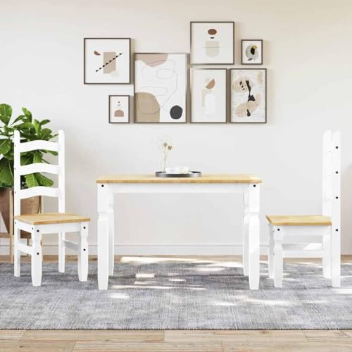 Homgoday Juego de Comedor Panama 3 pzas Madera Maciza de Pino Blanco Conjunto Mesa y sillas de Comedor, sillas Comedor, Set Muebles de Cocina para el Hogar, la Oficina y el Café Longitud112 cm
