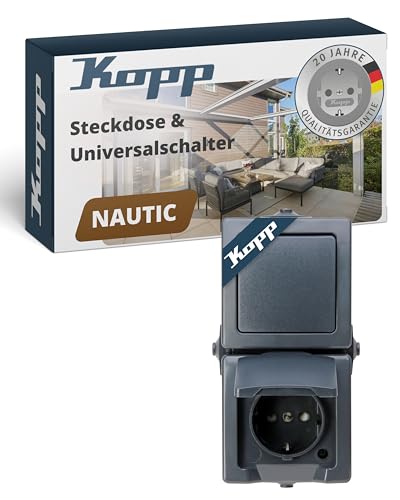 Kopp NAUTIC Wechselschalter-Steckdosen-Kombination in Anthrazit - Sichere Aufputz-Steckdose mit Deckel & erhöhtem Berührungsschutz - Senkrechter IP44 Feuchtraum-Schalter mit Steckdose 16A / 250V~