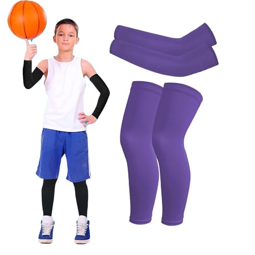 RenDiuJups Mangas for piernas for niños, Mangas de compresión y Brazos, Mangas for piernas for jóvenes, envolturas for Brazos for Ciclismo, Deportes de Baloncesto(Purple,L(11-14Years))