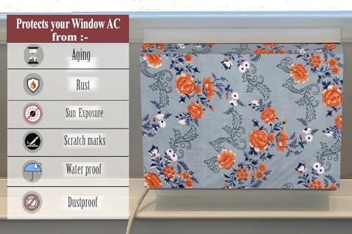Image of The Furnishing Tree Elastic fit waterproof Polyester window ac cover suitable for Croma 1.5 Ton, Dustproof cover for inner and outer section, In CM: (67.31x66.04x45.72), Floral Pattern Blue