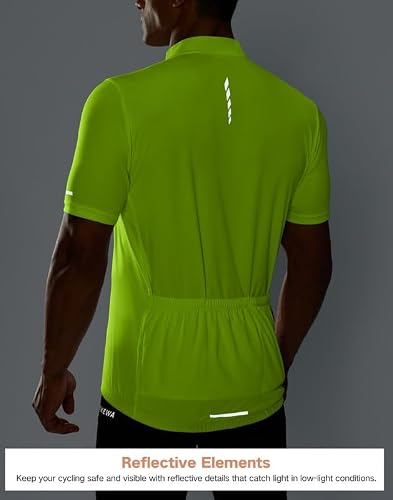 Bikewa Men\'s Cycling Jersey Full Zip 3+1 Rear Zipper Pockets Short Sleeve UPF50+ Bike Bicycle Riding Shirt Moisture Wicking MTB Biker Road Biking Shirts for Men(Fluorescent Green,L)