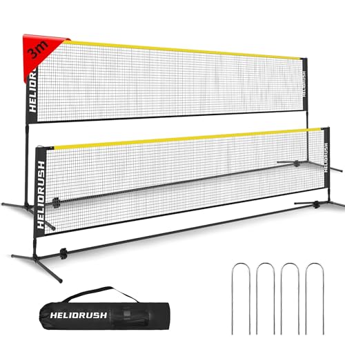 HELIORUSH Badmintonnetz Outdoor Höhenverstellbar 3m Tragbares Volleyball Netz für Garten mit Stabiler Stahlrahmen & HDPE Netz Federballnetz für Garten Pool Strand Tennis Kinder & Erwachsene