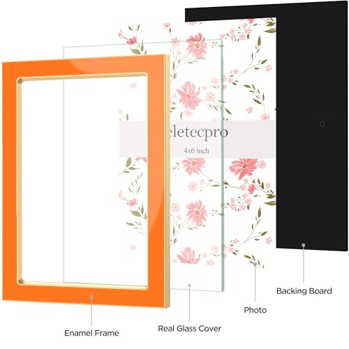 Image of eletecpro 4x6 Enamel Picture Frame with Real Glass Cover, Cute Photo Frame with Gold Metal Edge, Horizontal and Vertical Display Pictures 4 by 6 for Tabletop and Wall Decor, Orange, 1 Pack