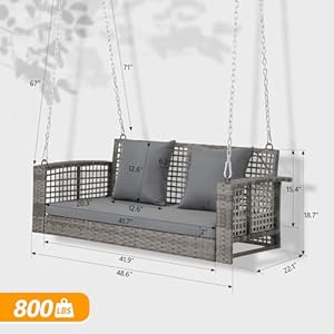 Vingli 4 ft rattan porch swing outdoor support 800 lbs with cushions adjustable chains patio wicker swing bench chair for garden yard lawn tree grey  urban country home decor