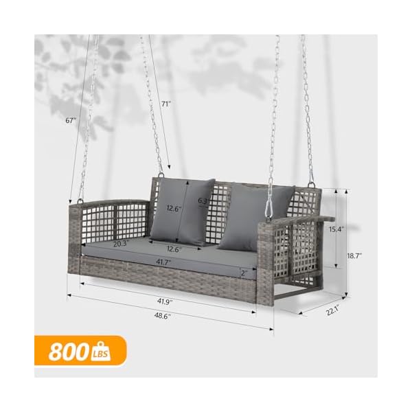 Vingli 4 ft rattan porch swing outdoor support 800 lbs with cushions adjustable chains patio wicker swing bench chair for garden yard lawn tree grey  urban country home decor