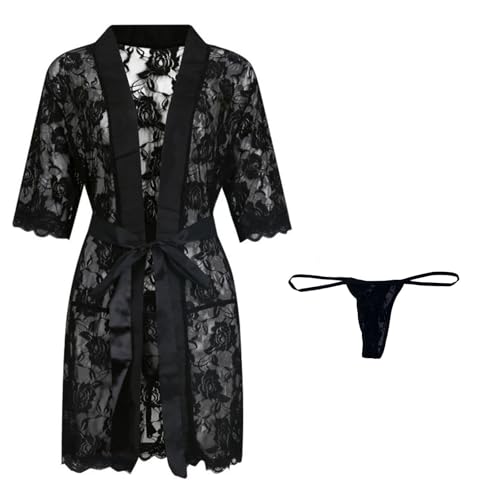 Mens Sexy Lace Bathrobe Mesh Sheer Lingerie Robe Short Sleeve Nightgown Belted Sleepwear Sets with Thongs2
