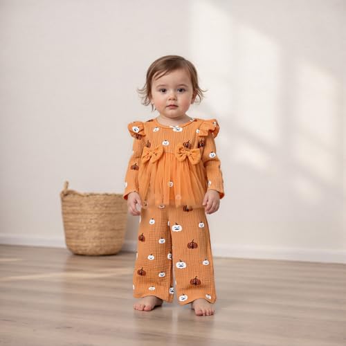 VISGOGO Toddler Girl Halloween Smocked Outfits Pumpkin Print Long Sleeve Tops +Pants Thanksgiving Clothes 2 Pcs Set4