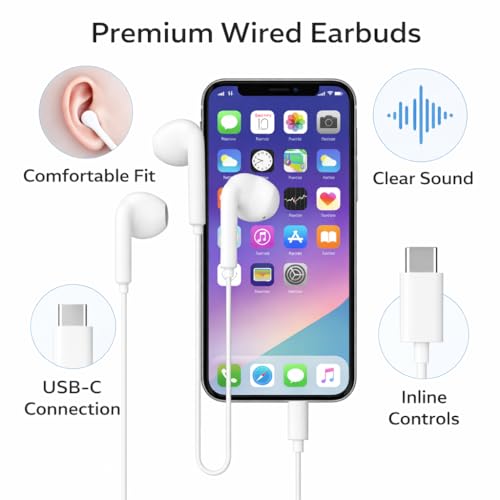 Image of Original Type-C Wired Earphones Compatible with iPhone 15, 16, 17 Featuring Rich Stereo Sound, HD Voice Microphone, in-Line Media Controls and Lightweight Comfortable Design (White) (Off White)