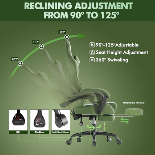 Image of Soontrans Ergonomic Velvet Fabric Gaming Chair with Footrest, Comfortable Video Gamer Chair for Adult, Reclining Office Computer Desk Game Chairs with Massage Lumbar Cushion,Headrest