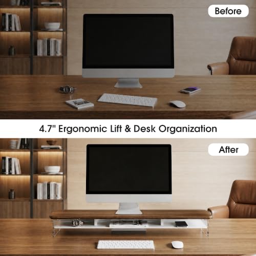 Image of Fenge 42.5 inch Dual Monitor Stand with Clear Acrylic Legs, Brown | Clear acrylic, storage compartment, 2-tier home office monitor riser, wide large desktop shelf fit monitor /laptop /printer