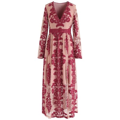 CHICWISH Women V Neck Floral Embroidered Mesh Maxi Dress Long