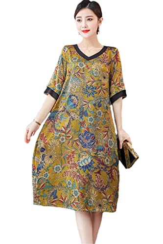 Robe midi moulante à fleurs jaune grande taille 4XL col en V pour femme