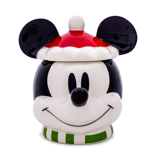 Silver Buffalo Disney Santa Mickey Mouse Sculpted Ceramic Snack Jar Container With Lid | 6 Inches Tall