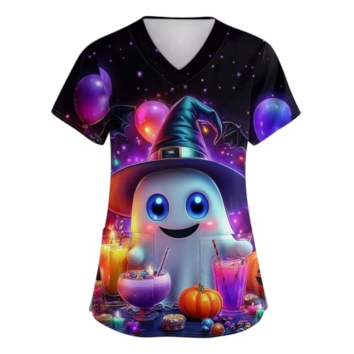 OIOLOYJM Halloween Christmas Scrub Tops Women Printed V Neck Short Sleeve Plus Size Scrubs for Womens Shirts with Pockets