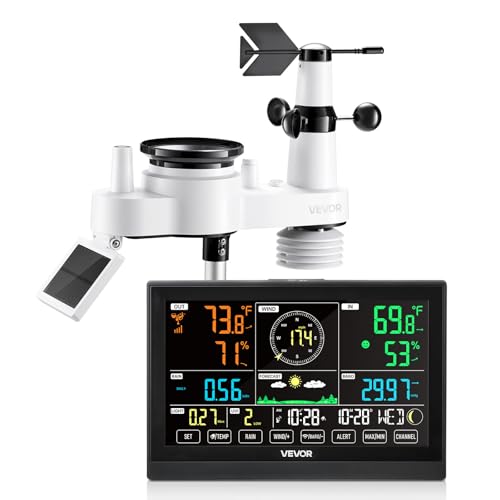 VEVOR 7 en 1 Estación Meteorológica Inalámbrica con Pantalla VA de 190,5 mm, Sensor Solar, Pluviómetro con Pronóstico del Tiempo, Temperatura, Humedad, Velocidad y Dirección del Viento (Sin Wifi)