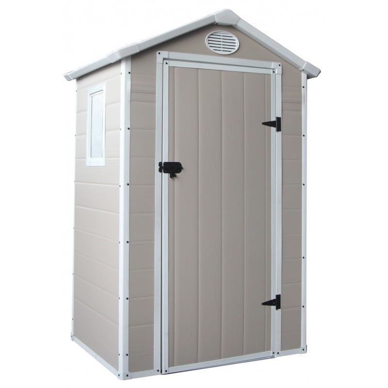 Jôbu Abri de Jardin en Résine Beige 1,34m² | Rangement Extérieur avec Kit d'ancrage | Porte Verrouillable, Fenêtre, Ventilation | Structure Acier Galvanisé