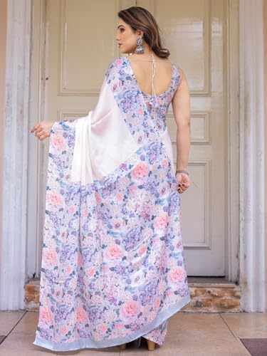 Image of ALMAARI FASHION Women's Floral Printed Georgette Satin Saree with Unstitched Blouse Piece | Traditional Ethnic Wear Sarees | Soft Lightweight Ethnic Office Wear Daily Wear Indian Sari (SG 181-190 SH)