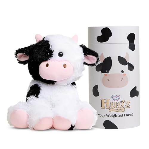 Image of Hugz Official Milkshake the Cow - Premium Weighted Stuffed Animal Plushie 3.8 lb for Adults & Kids - Microwavable - Heatable & Coolable - Super Soft Fur - Gift Ready Tube Packaging