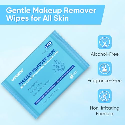 WOUSEDO 100 Count Makeup Remover Wipes, Bulk Gentle Cleansing Facial Towelettes, Individually Wrapped Travel Size,Alcohol-Free & Hypoallergenic for All Skin Types