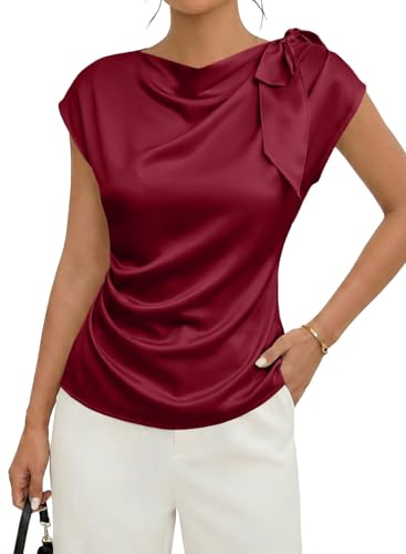 EVALESS Blouses for Women Dressy Casual Trendy Business Work Silk Satin Tops Outfits 2026 Cowl Neck Bow Tie Pleated Cap Short Sleeve Summer Shirts,Red Dahlia Small