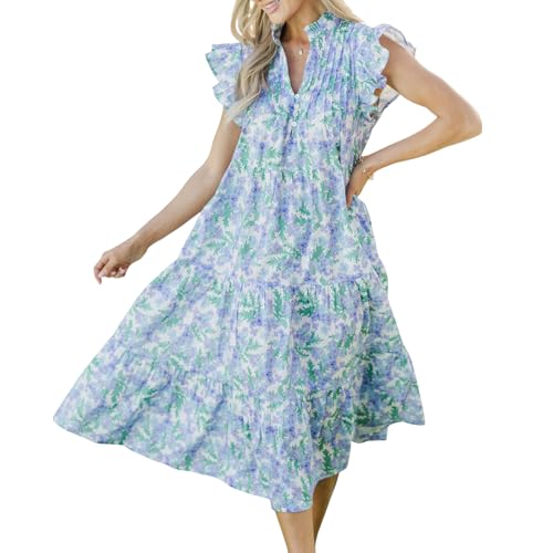 Image of Women Patchwork Dress Y2k Floral Puff Short Sleeve Maxi Dress Summer Boho Smocked Tiered Ruffle Beach Sundress