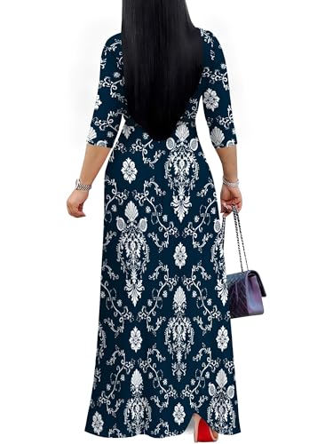 Image of Women's V Neck Floral Maxi Dress 3 /4 Sleeve Plus Size Boho Wrap Flowy Long Dresses with Belt
