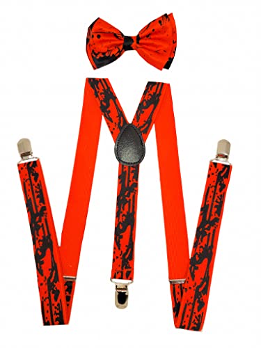 2 Brothers Unlimited Inc 2BU MENS WOMENS FASHION PAINT SPLATTER DRIP PRETIED BOW TIE AND SUSPENDER SETS (BLACK/RED PAINT SPLATTER DRIP BOW TIE W/MATCHING SUSPENDER SET)